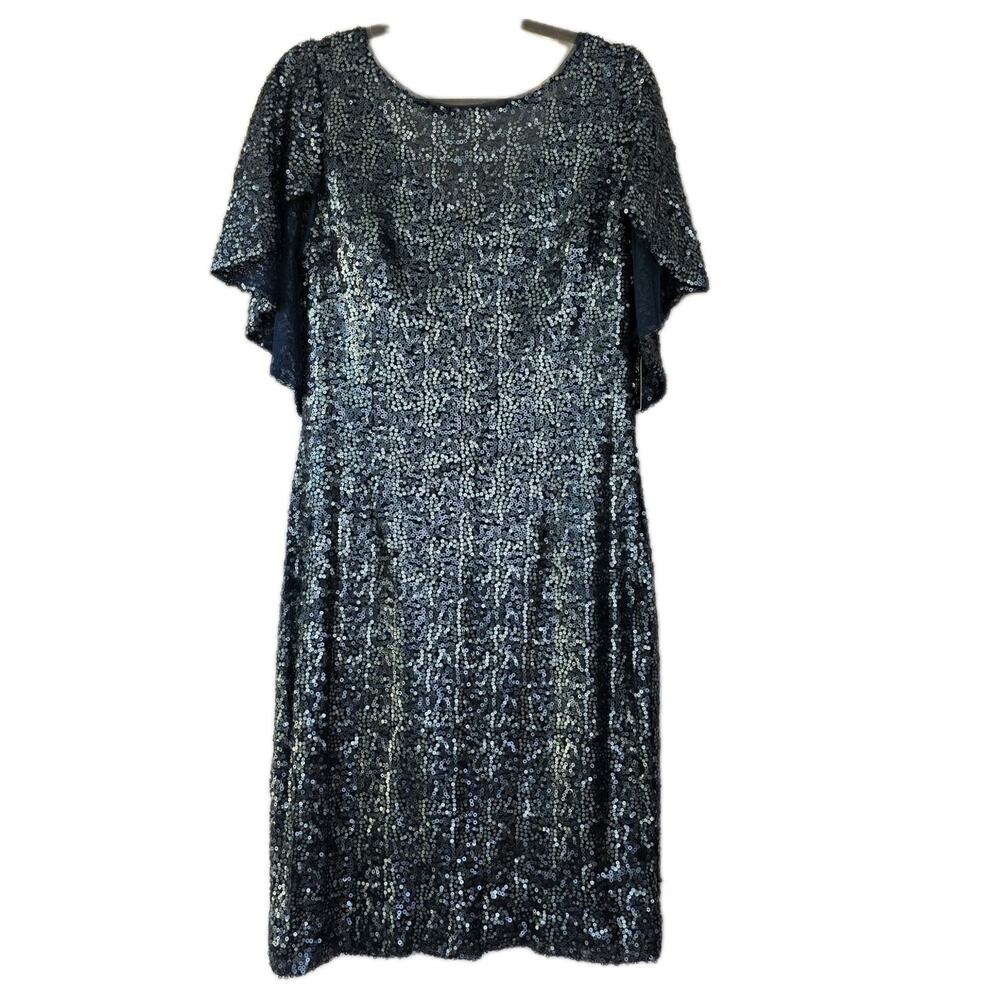 ALEX EVENINGS Women's Sequined Cocktail Dress Size 14 NWT Cape Vintage Teal